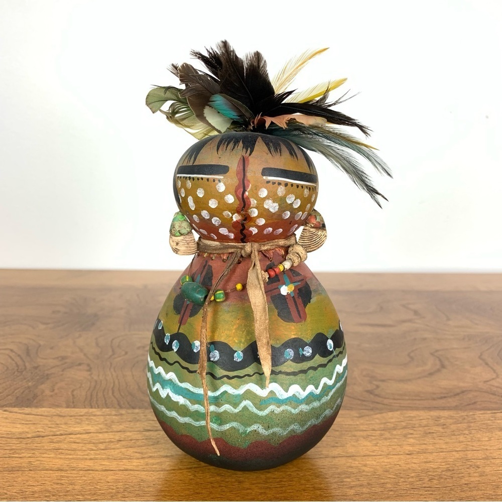 Robert Rivera Gourd Art Figure Figurine Lady Feathers Handpainted Signed 98 Vtg